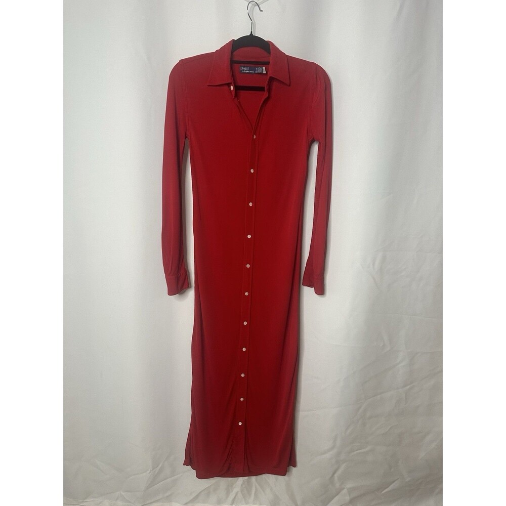 Polo Ralph Lauren Collared Long Sleeve Shirt Dress Red Button Front Maxi Sz XS